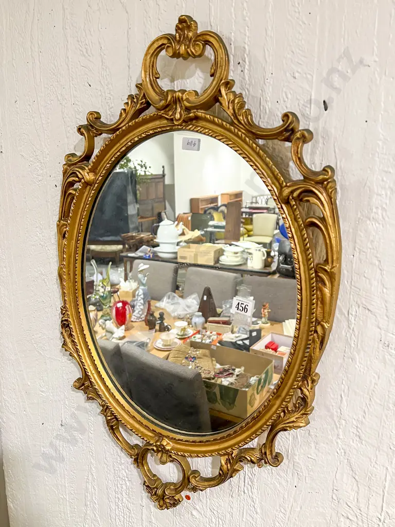 Gilt Painted Ornate Metal Oval Framed Wall Mirror Image 1++