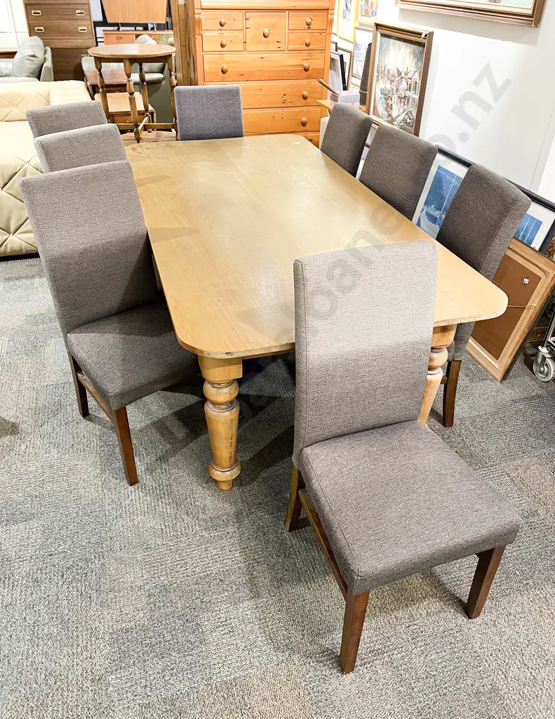 Colonial Kauri scrub Top Farmhouse Dining Table together with Eight Modern Dining Chairs Image 1++