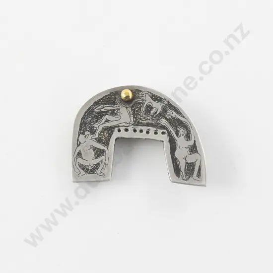 NZ Jeweller Ann Culy Oxidised .925 Silver and Gold Brooch
