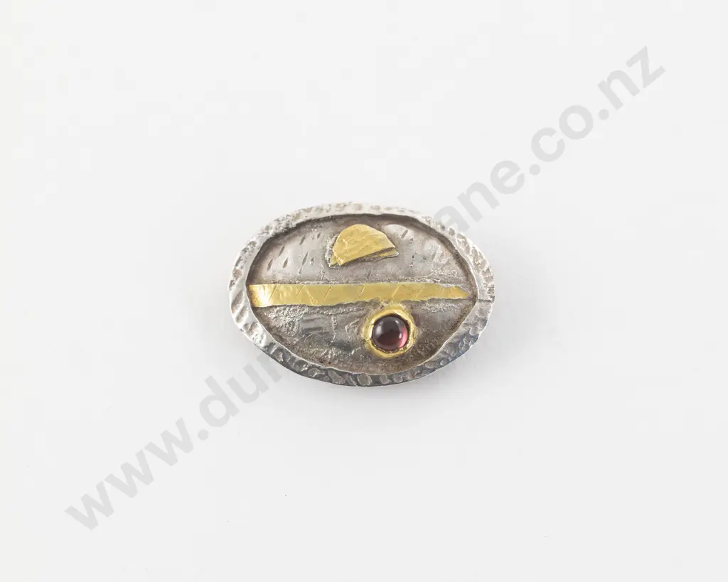 NZ Jeweller Barry Clarke S/S and Gold 'Sun and Moon' Brooch Image 1++