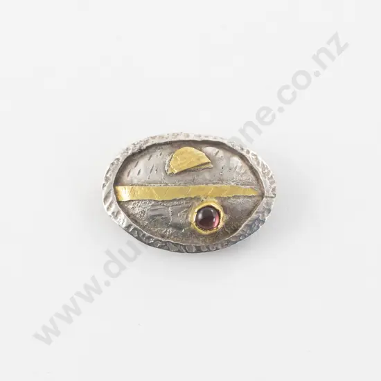 NZ Jeweller Barry Clarke S/S and Gold 'Sun and Moon' Brooch