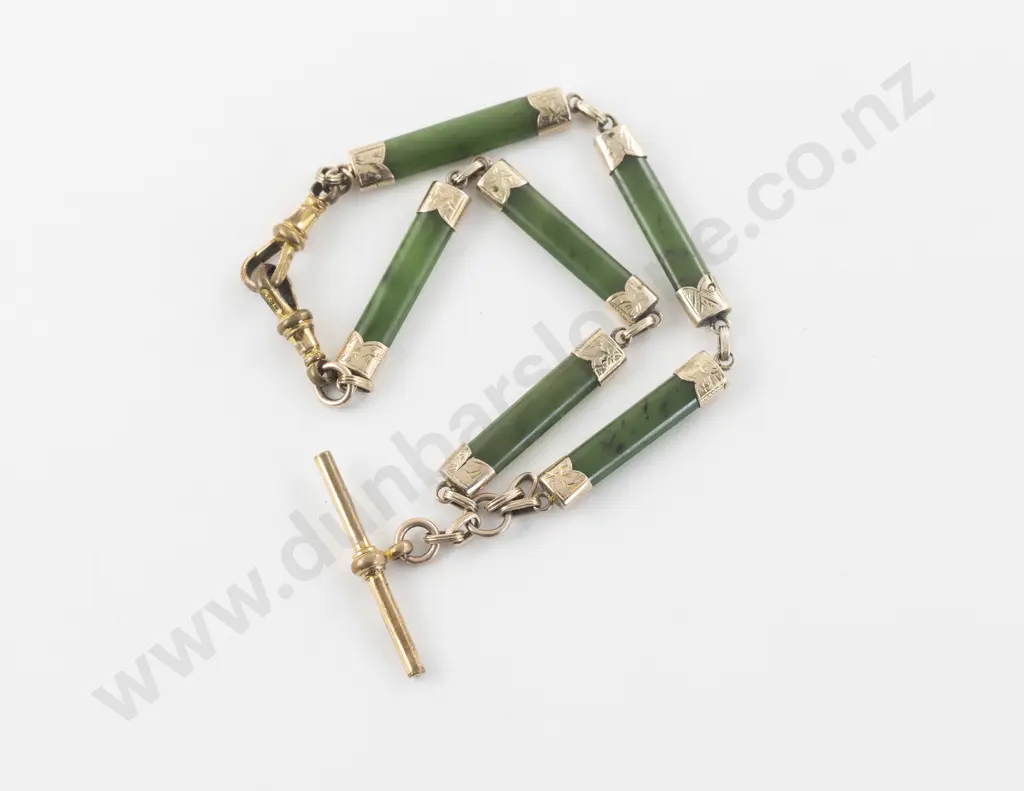 NZ Colonial 9ct Mounted Greenstone Rail Albert Chain Image 1++
