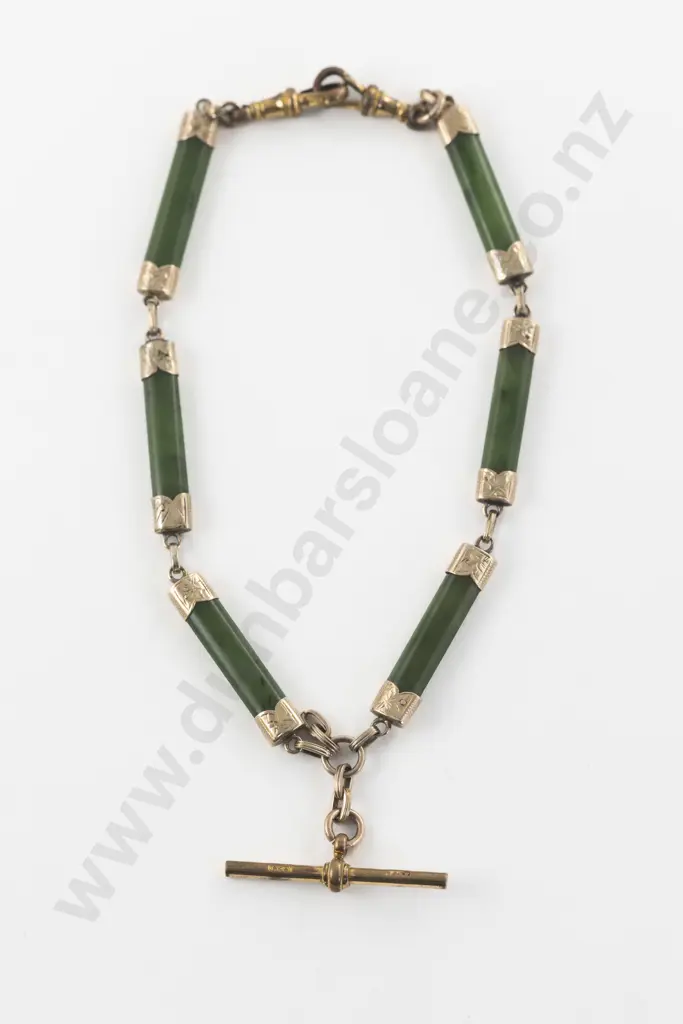NZ Colonial 9ct Mounted Greenstone Rail Albert Chain Image 1++