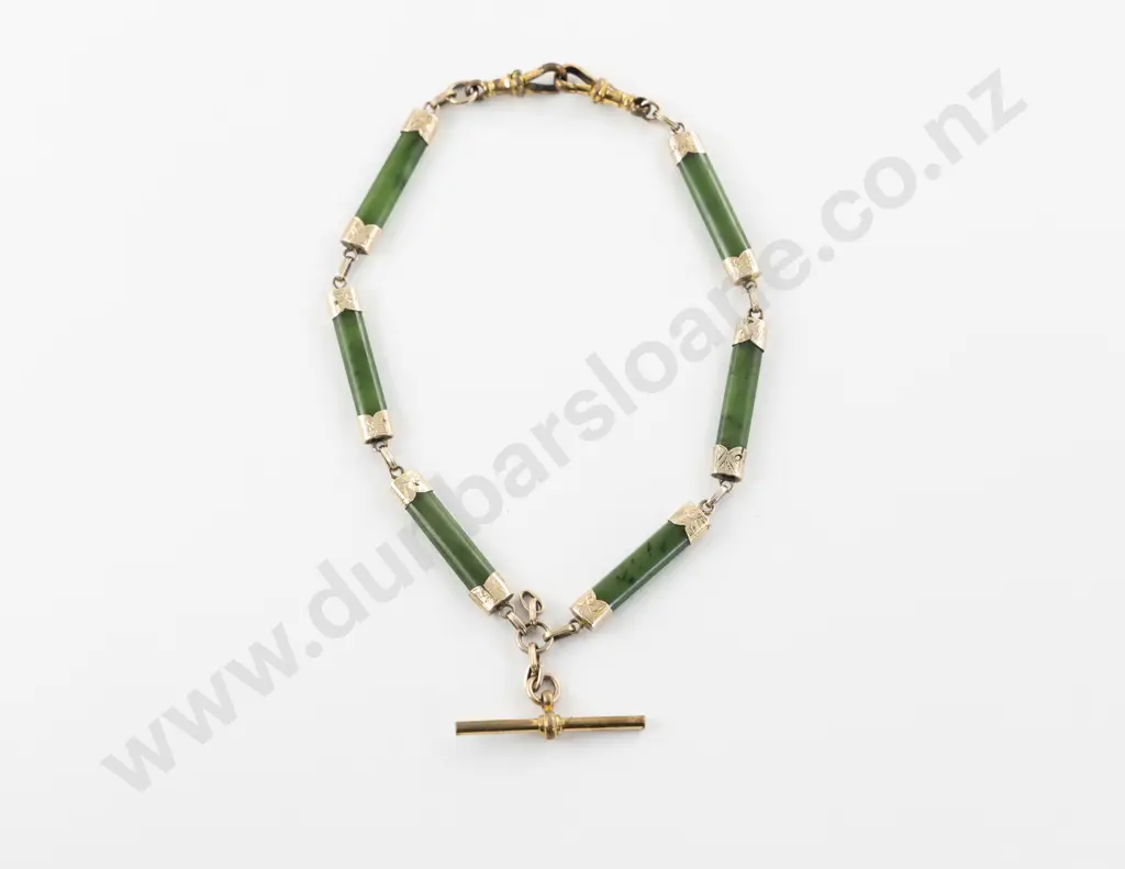 NZ Colonial 9ct Mounted Greenstone Rail Albert Chain Image 1++