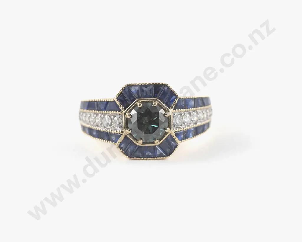 Art Deco Style 14ct 49Stone Diamond Sapphire Cluster Ring Image 1++
