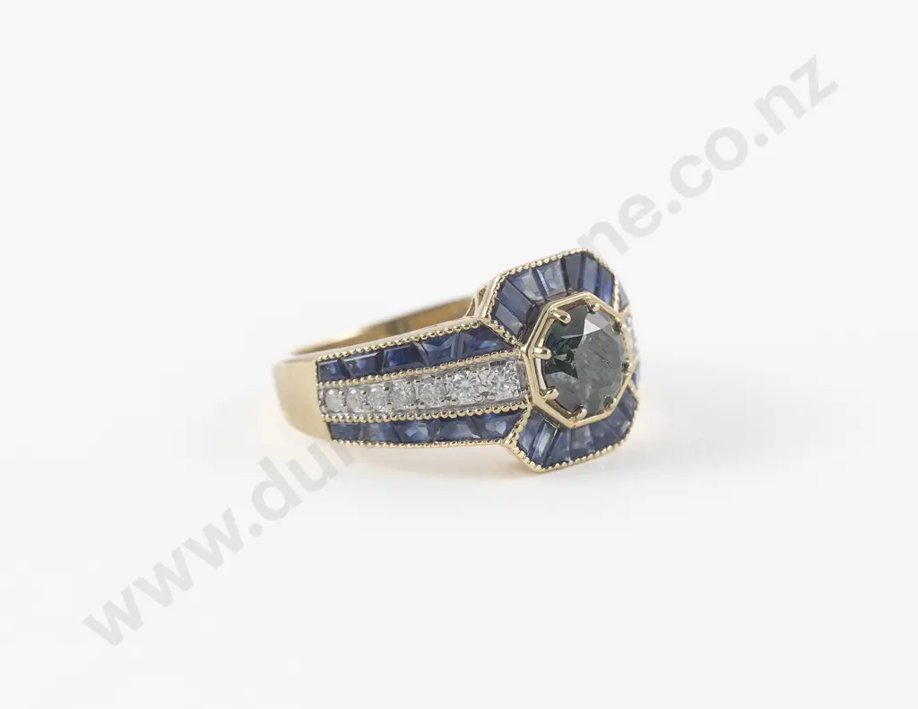 Art Deco Style 14ct 49Stone Diamond Sapphire Cluster Ring Image 1++