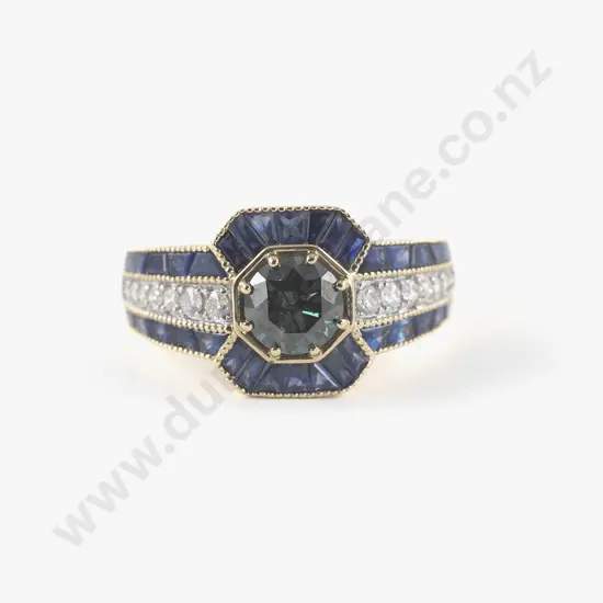 Art Deco Style 14ct 49Stone Diamond Sapphire Cluster Ring