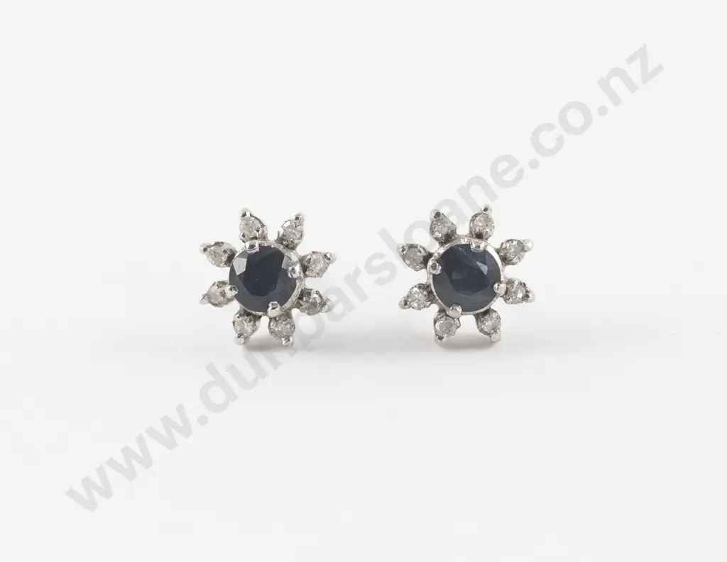 Pair 9ct White Gold Diamond and Sapphire Cluster Stud Earrings Image 1++