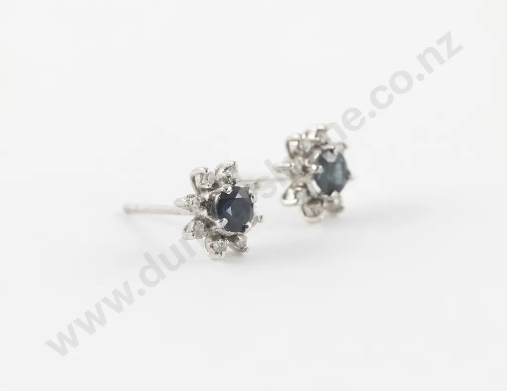 Pair 9ct White Gold Diamond and Sapphire Cluster Stud Earrings Image 1++