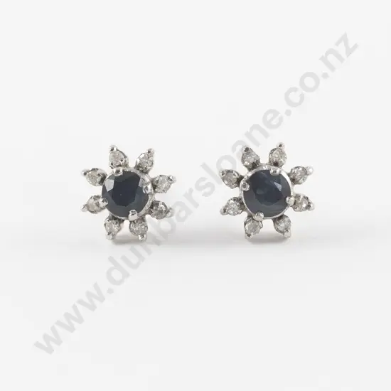 Pair 9ct White Gold Diamond and Sapphire Cluster Stud Earrings