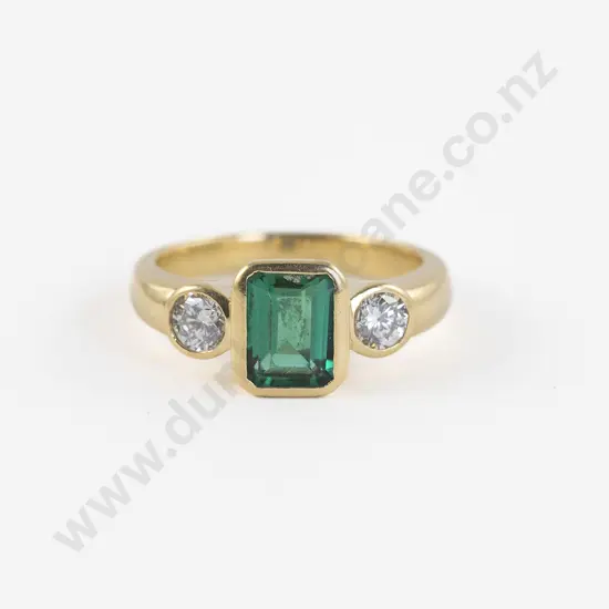 18ct Three Stone Synthetic Emerald and Diamond Bridge Ring