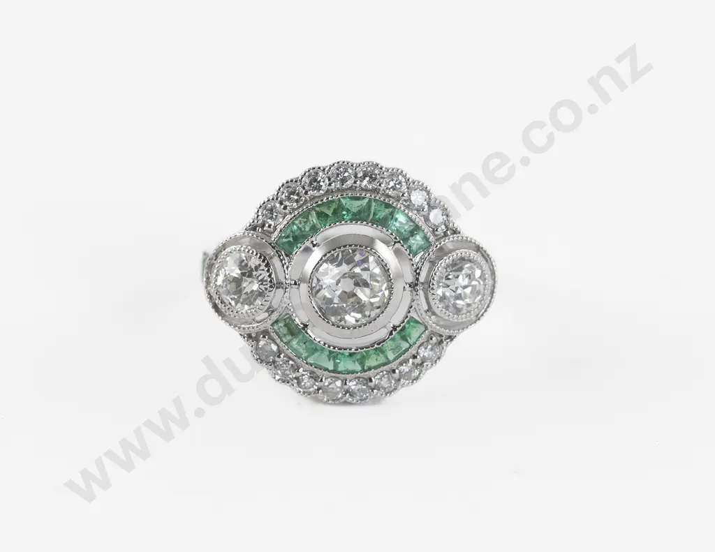 Art Deco Style 14ct White Gold 39Stone Diamond and Emerald Cluster Ring Image 1++