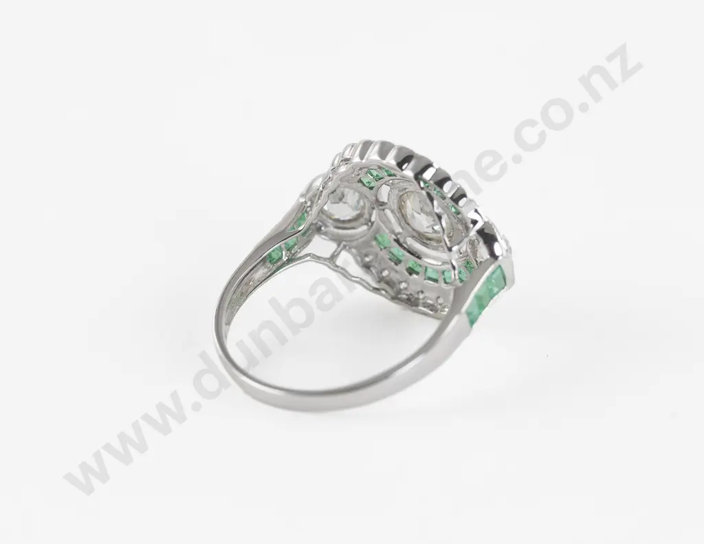 Art Deco Style 14ct White Gold 39Stone Diamond and Emerald Cluster Ring Image 1++