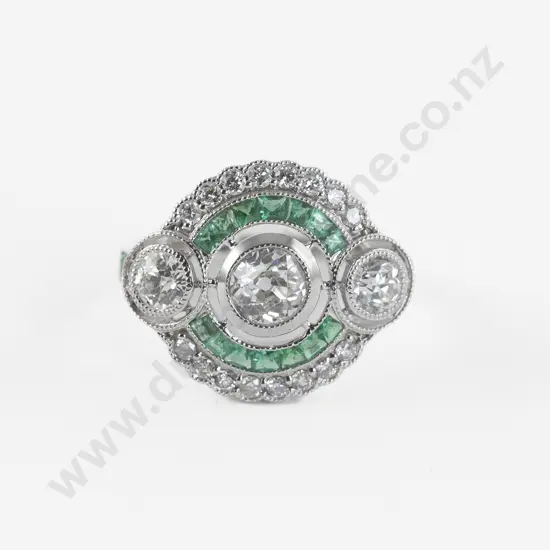 Art Deco Style 14ct White Gold 39Stone Diamond and Emerald Cluster Ring