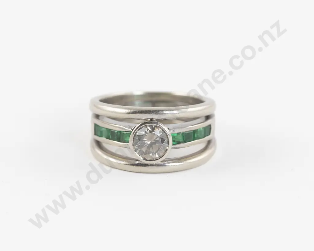 Platinum Nine Stone Diamond and Emerald Band Ring Image 1++