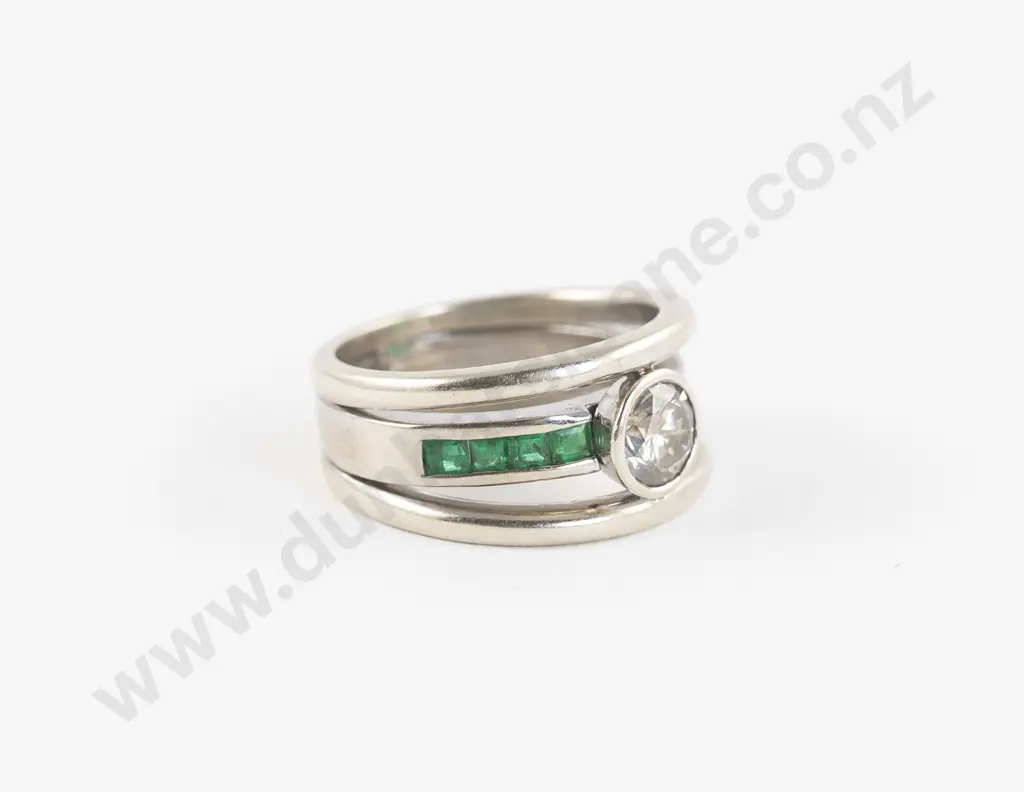 Platinum Nine Stone Diamond and Emerald Band Ring Image 1++