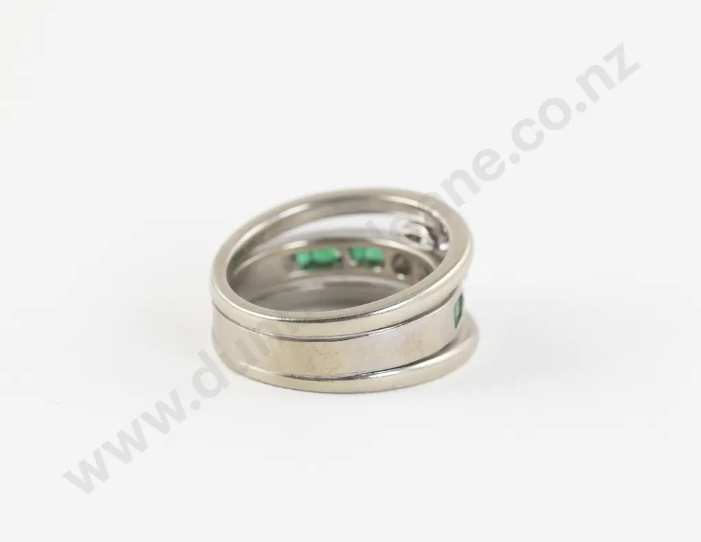 Platinum Nine Stone Diamond and Emerald Band Ring Image 1++