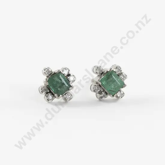 Pair 14ct White Gold Diamond and Emerald Cluster Stud Earrings
