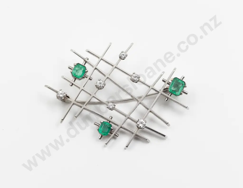 Mid C20th Design 18ct White Gold Nine Stone Emerald and Diamond Brooch Image 1++