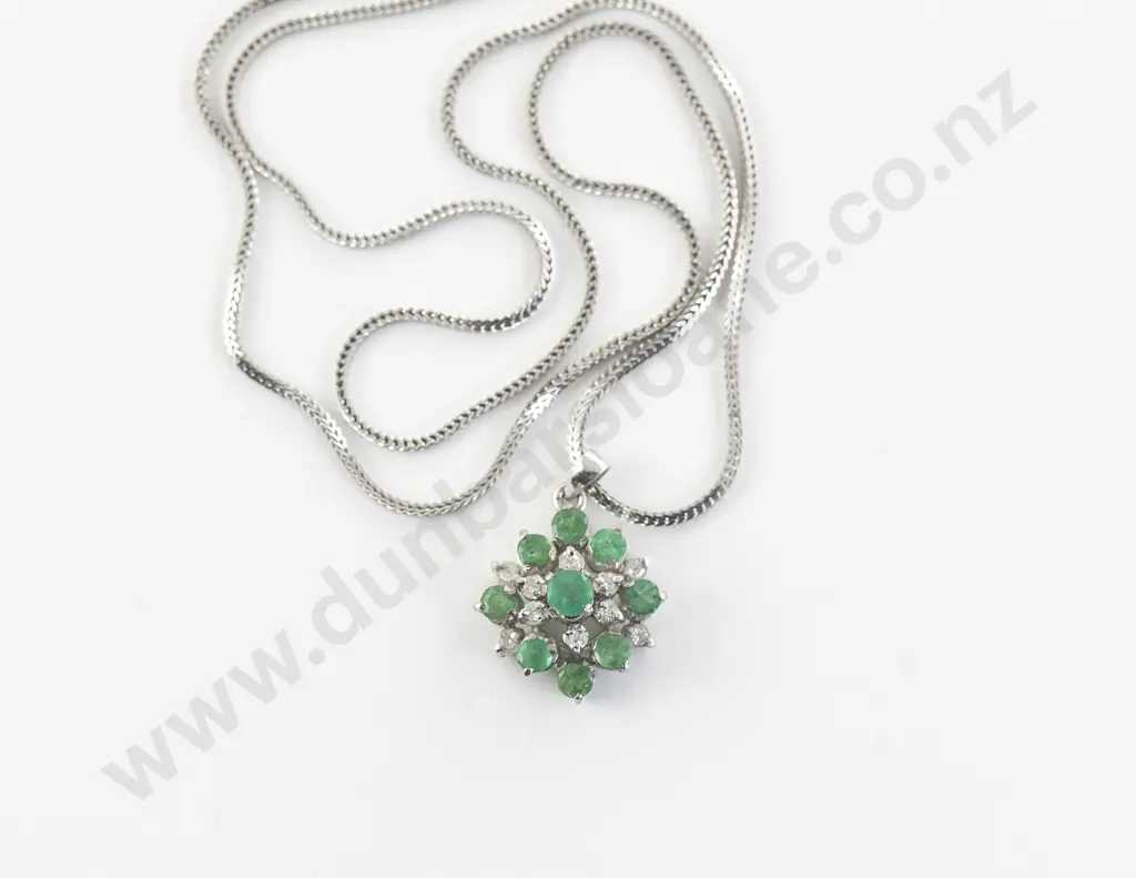 14ct White Gold 19Stone Emerald and Diamond Cluster Pendant Image 1++