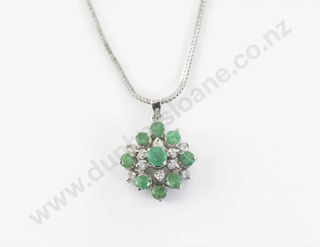 14ct White Gold 19Stone Emerald and Diamond Cluster Pendant Image 1++