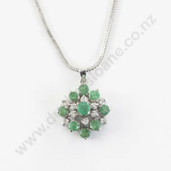 14ct White Gold 19Stone Emerald and Diamond Cluster Pendant
