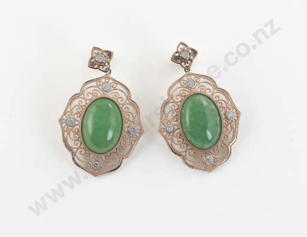 Pair 14ct Rose Gold Twelve Stone Jade and Diamond Pendant Earrings Image 1++