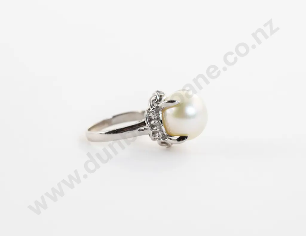 All Platinum Single Cultured Pearl and Diamond Dress Ring Image 1++