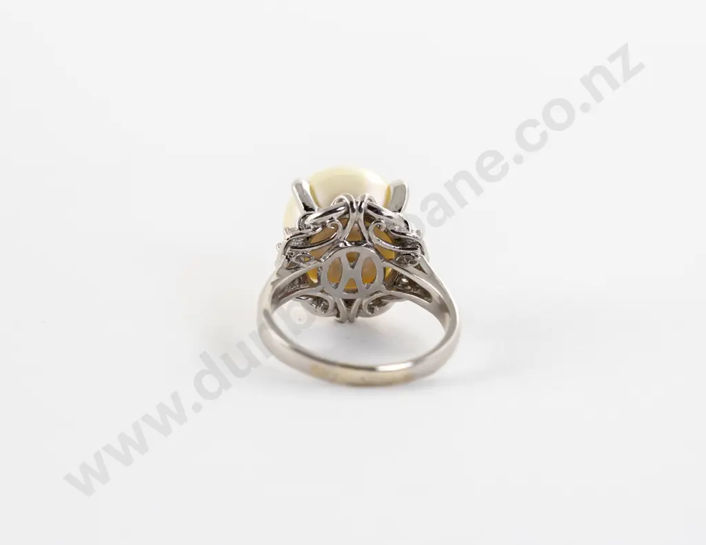 All Platinum Single Cultured Pearl and Diamond Dress Ring Image 1++