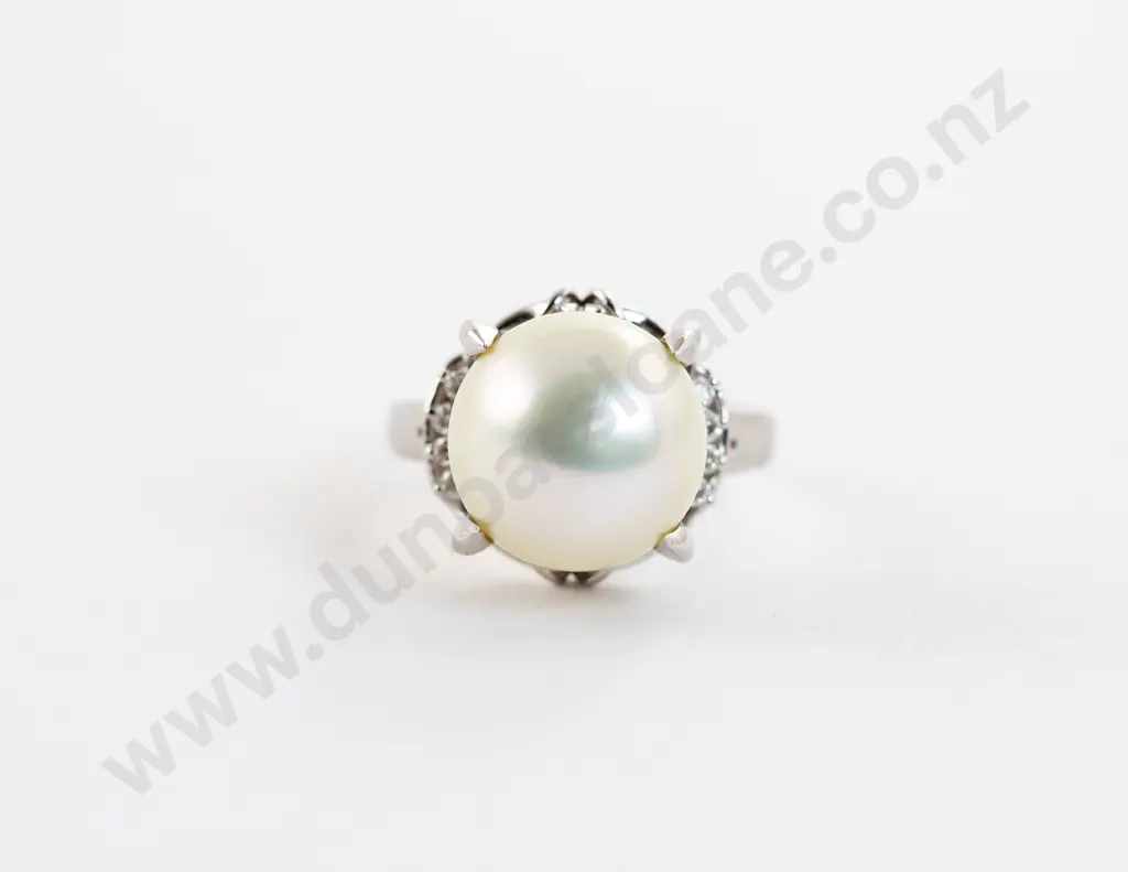 All Platinum Single Cultured Pearl and Diamond Dress Ring Image 1++