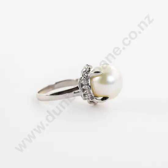 All Platinum Single Cultured Pearl and Diamond Dress Ring