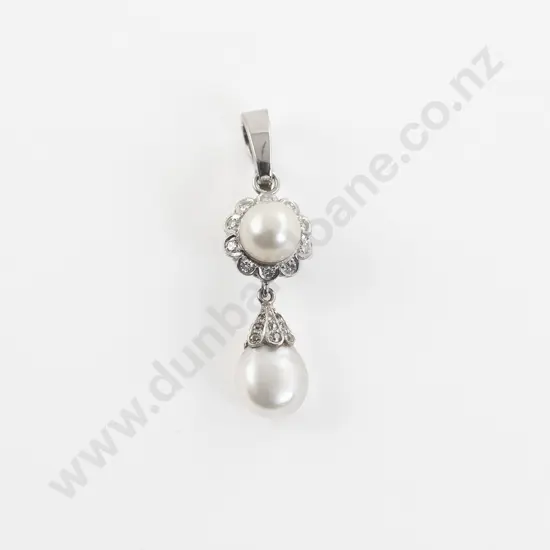 18ct White Gold 20Stone Diamond and Pearl Cluster Pendant