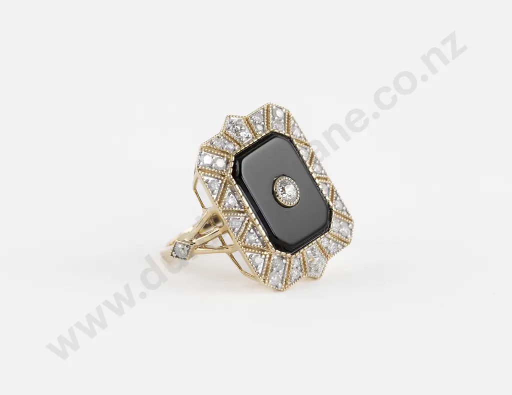 Art Deco Style 14ct 32Stone Onyx and Diamond Dress Ring Image 1++