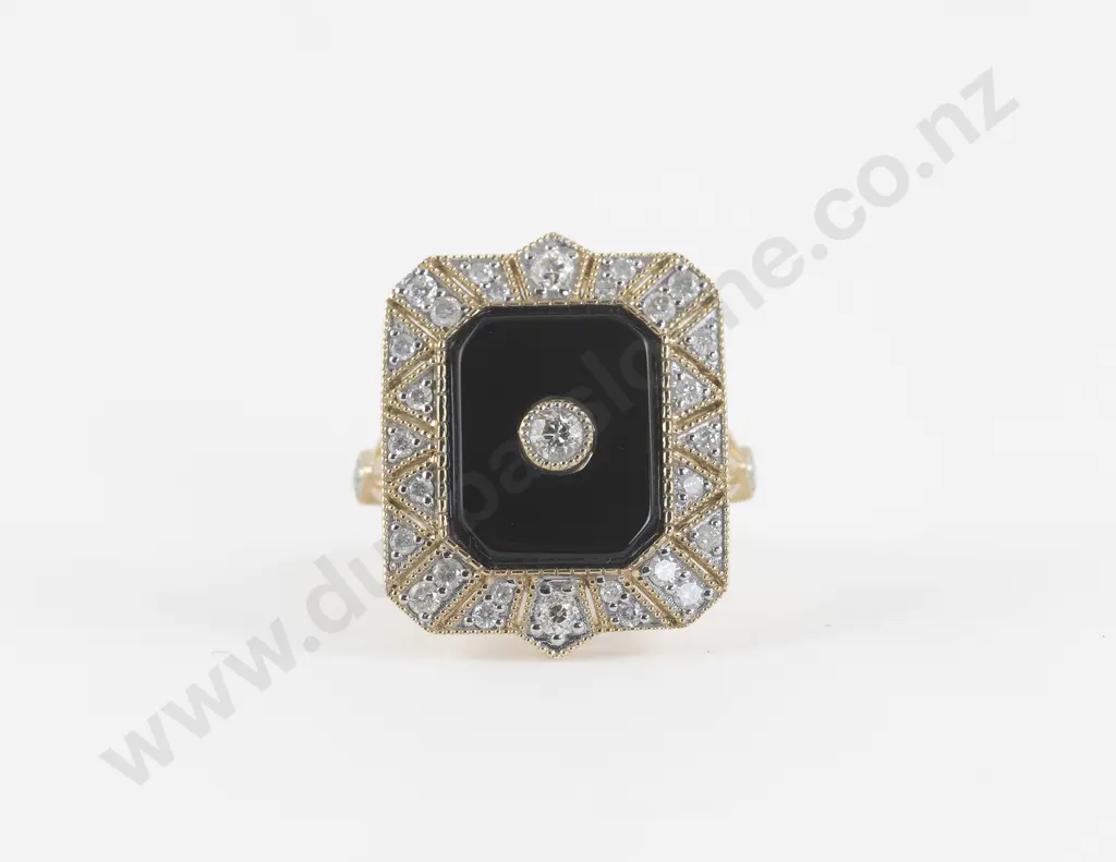 Art Deco Style 14ct 32Stone Onyx and Diamond Dress Ring Image 1++