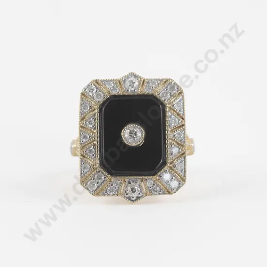 Art Deco Style 14ct 32Stone Onyx and Diamond Dress Ring