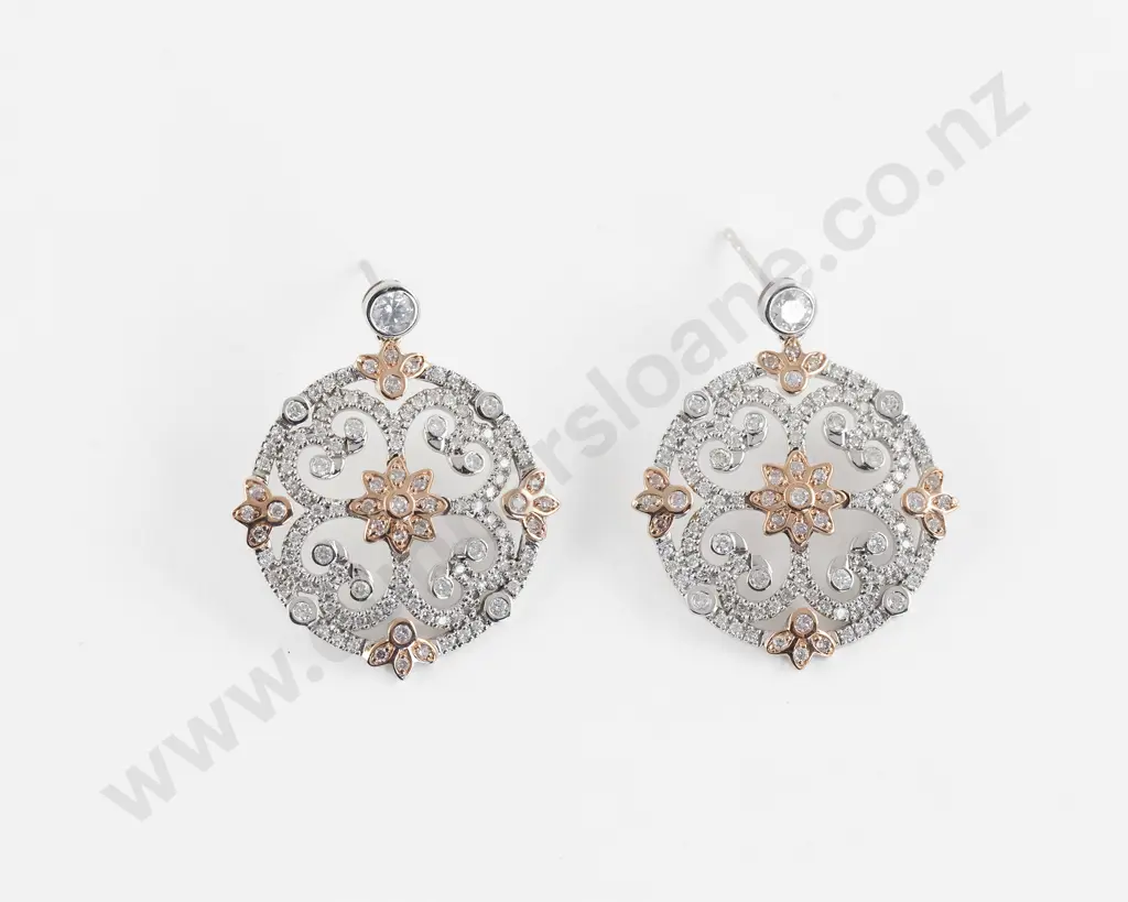 Pair 14ct White Gold Fancy Pink and White Diamond Cluster Earrings Image 1++