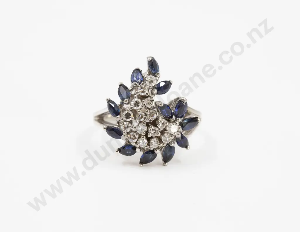 14ct White Gold 29stone Diamond and Sapphire Cluster Ring Image 1++