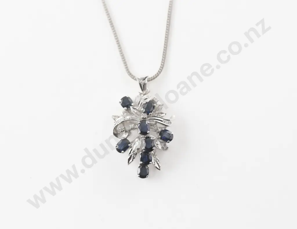 14ct White Gold 31Stone Sapphire and Diamond Cluster Pendant Image 1++