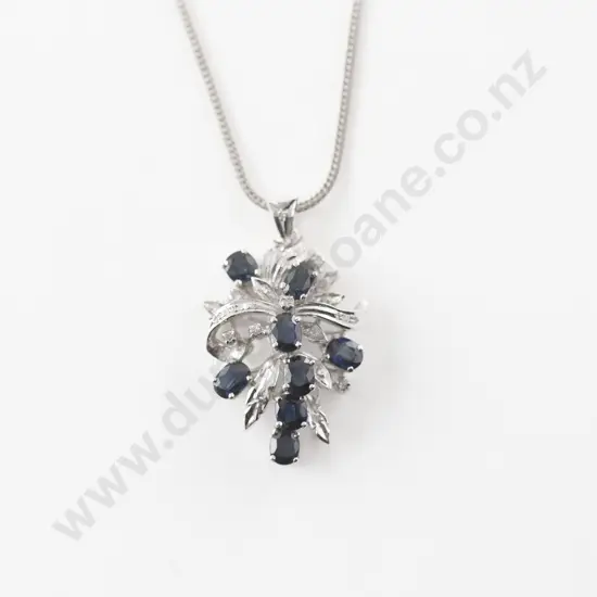 14ct White Gold 31Stone Sapphire and Diamond Cluster Pendant