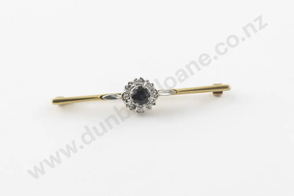 18ct Nine Stone Sapphire and Diamond Cluster Bar Brooch Image 1++