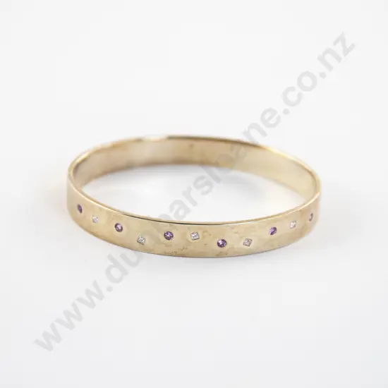 9ct Eleven Stone Diamond and Pink Sapphire Bangle