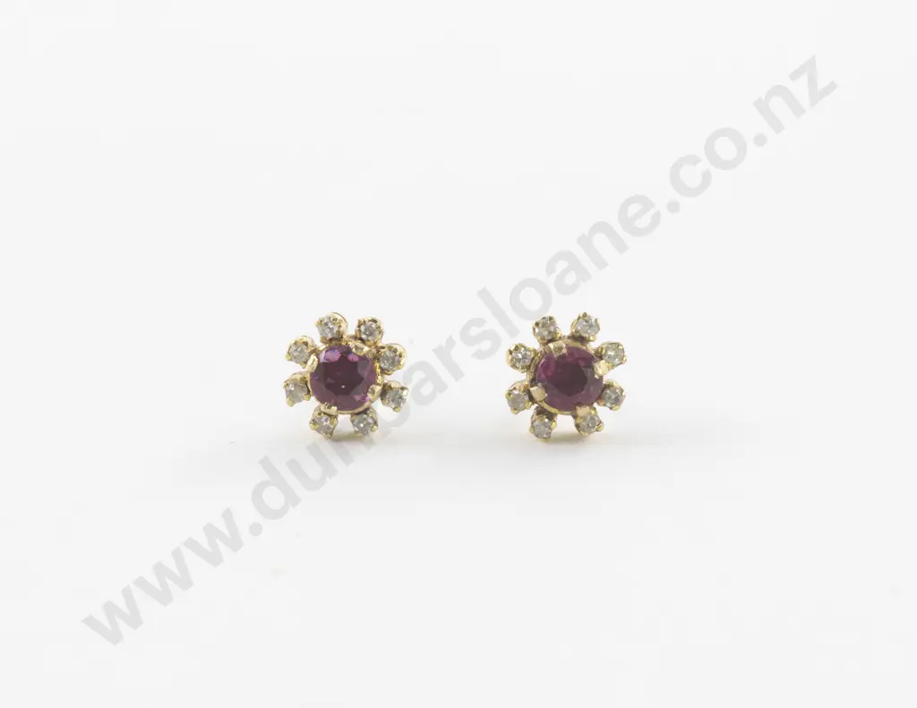 Pair 14ct Ruby and Diamond Cluster Stud Earrings Image 1++