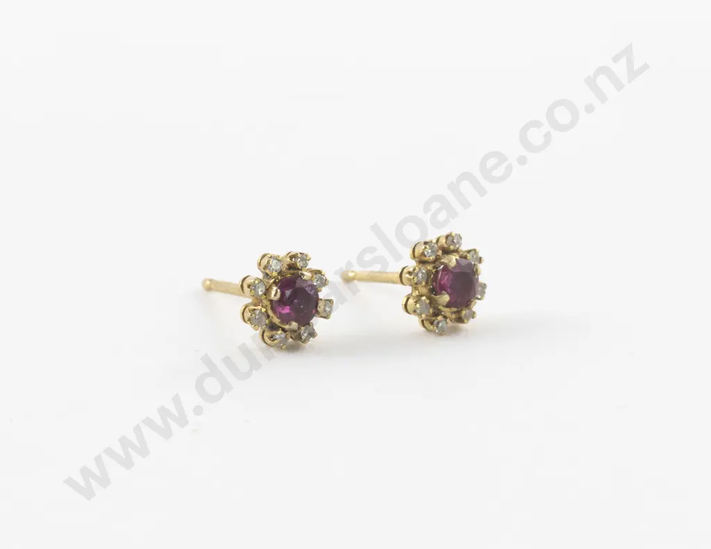Pair 14ct Ruby and Diamond Cluster Stud Earrings Image 1++