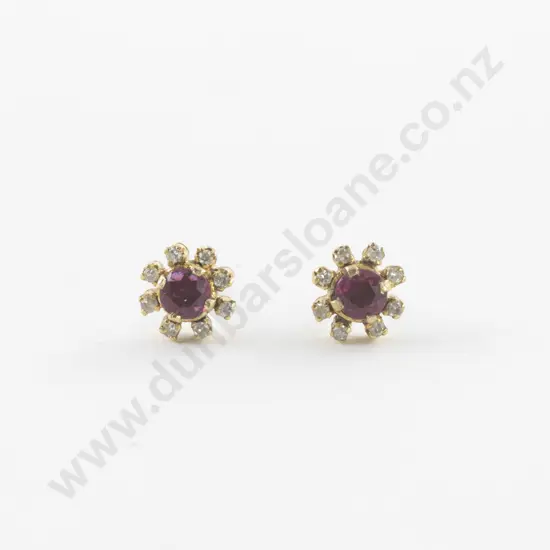 Pair 14ct Ruby and Diamond Cluster Stud Earrings