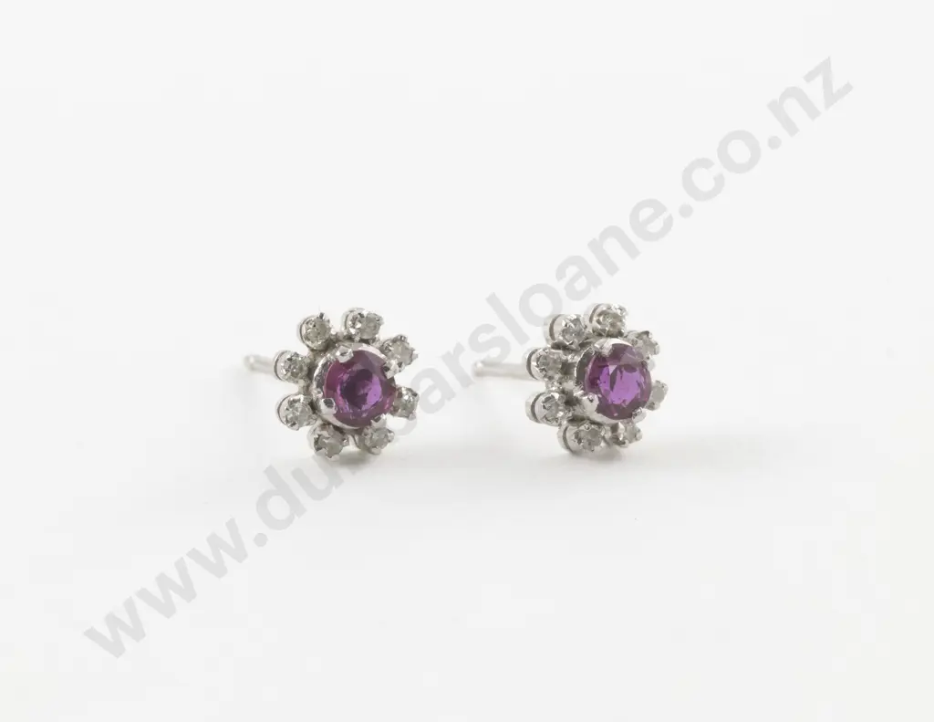 Pair 14ct White Gold Ruby and Diamond Cluster Stud Earrings Image 1++