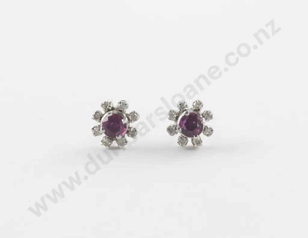 Pair 14ct White Gold Ruby and Diamond Cluster Stud Earrings Image 1++