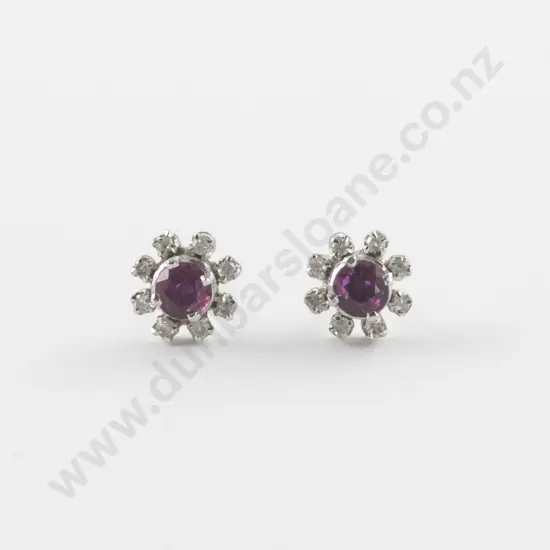Pair 14ct White Gold Ruby and Diamond Cluster Stud Earrings