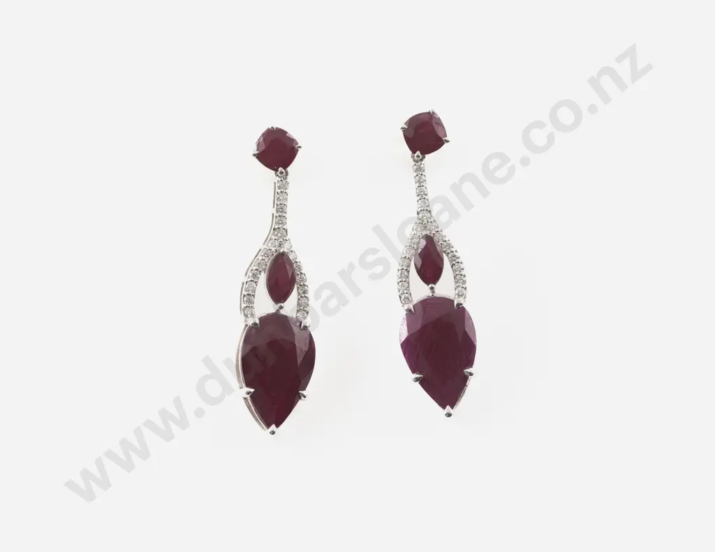 14ct White Gold Ruby and Diamond Drop Earrings Image 1++