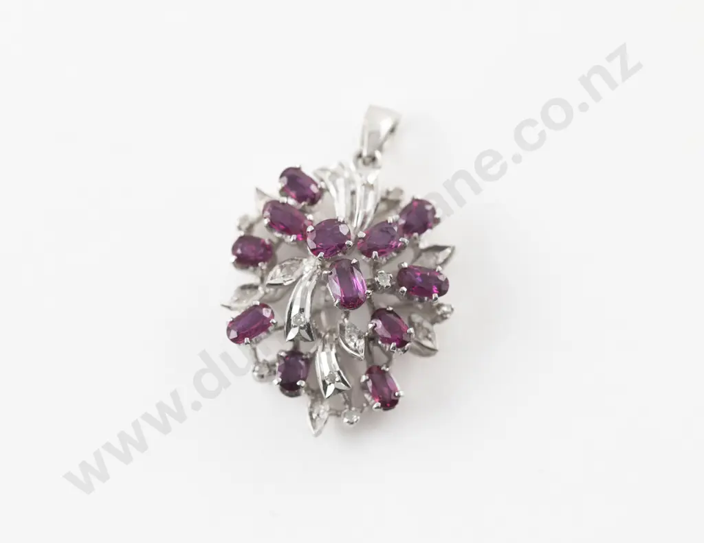 14ct White Gold 28Stone Ruby and Diamond Cluster Pendant Image 1++