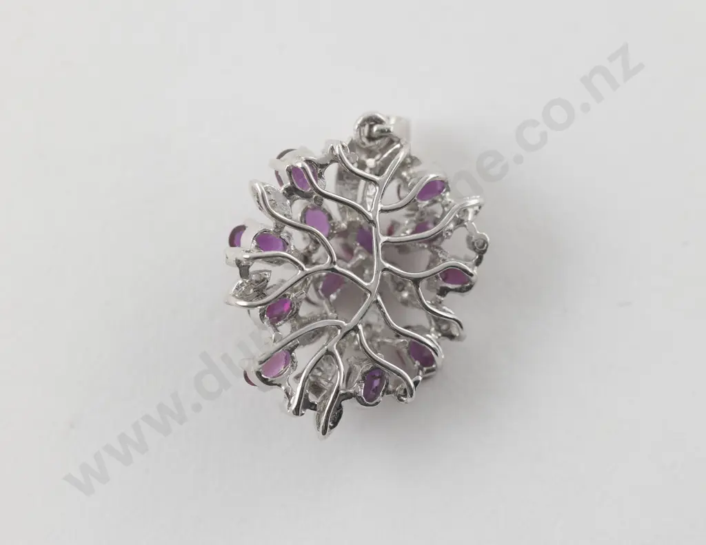 14ct White Gold 28Stone Ruby and Diamond Cluster Pendant Image 1++